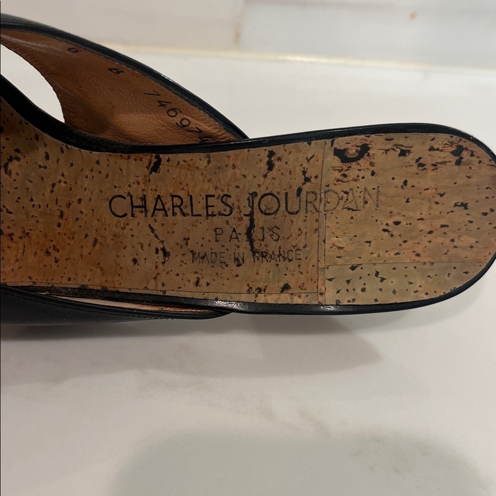Charles Jourdan Vintage Black Patent Leather Cork Heels Sandals Mules - Picture 4 of 11